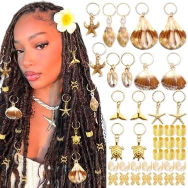 Imagem de VENOFEN Clipes de cabelo Shell Starfish Gold Loc Dreadlock Jewelry Metal Braids Cuffs Rings Summer Beach Style Acessórios de cabelo para mulheres e meninas