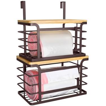 Imagem de Sevenblue Pacote com 2 suportes empilháveis para saco de lixo com parte superior de bambu, 2025 Pro suporte de parede para lavanderia, ganchos ajustáveis para porta de armário – organizadores na