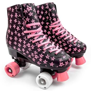 Imagem de Patins Roller Preto Estampa Estrela Retrô 4 Rodas Com Freio Dianteiro 