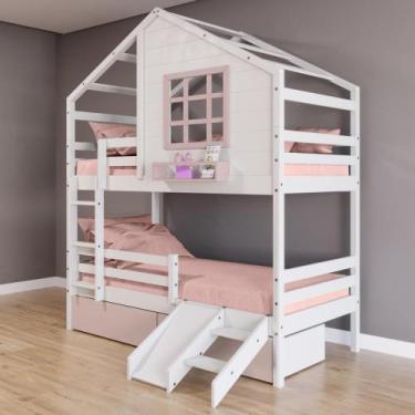 Imagem de Beliche Casinha com Janela 02 Gavetas Rosa com Escada/ Escorregador e 