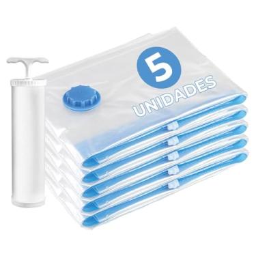 Imagem de Kit 5 Saco a Vácuo com Bomba para Mala Viagem Organizador Roupas Edredom Cobertor Reutilizável