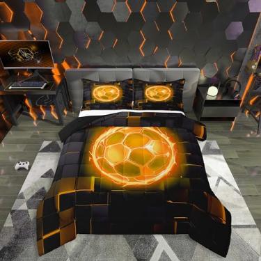 Imagem de Erosebridal Jogo de cama solteiro de futebol laranja para crianças, adolescentes e adultos, conjunto de cama com luz neon brilhante, para amantes de esportes, jogo de futebol americano