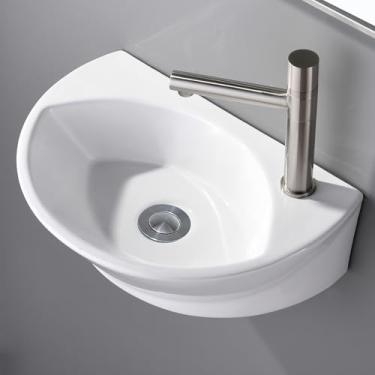 Imagem de VESLA HOME Pia de parede de canto de cerâmica branca oval pequena de 45,7 x 30,5 cm comercial, pia de banheiro suspensa de parede minúscula flutuante mini pia de vaso de porcelana para banheiro
