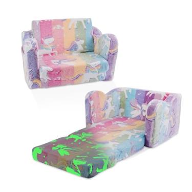 Imagem de ONEKUKA Sofá infantil de unicórnio que brilha no escuro 2 em 1 dobrável para crianças sofá-cama dobrável abre para crianças, para meninas, sala de jogos, presente de aniversário