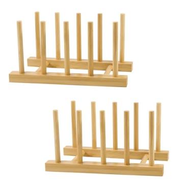 Imagem de SAMEBUTECO Suporte de cozinha de bambu com 4 compartimentos e 5 pinos conectores, organizador vertical para pratos, panelas, tampas, tigelas e tábuas de corte, suporte de prato de madeira durável com