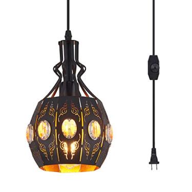 Imagem de YLONG-ZS Luminária suspensa com luzes pendentes plugadas, estilo retrô, design vintage loft, lâmpada de teto suspensa de gaiola de cesta preta, luminária industrial e decoração para sala de estar quarto