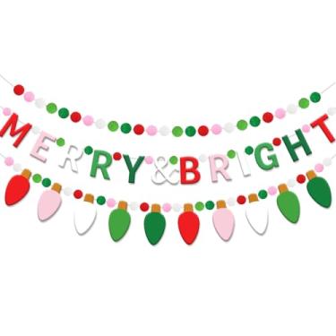 Imagem de Doumeny 3 peças, faixa de feltro alegre e brilhante, guirlanda de feltro de Natal, guirlanda de lâmpada de Natal, pompom, bola, bandeira, sinalização de festa de inverno, bandeira, seja alegre