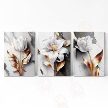 Imagem de Trio Quadro Decorativo Tulipa Branca e Dourada Elegância em Tela Acetinada, pronto para pendurar (50x68cm (total 150x68cm), moldura pret)