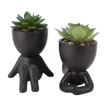 Imagem de Vasos de flores suculentas artificiais, fofos, inovadores, em formato humano, mini plantas falsas, decoração para casa, mesa, escritório, plástico, 2 peças (preto)