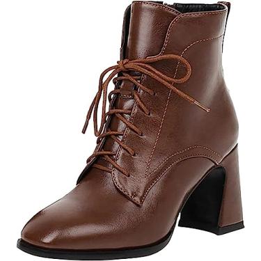 Imagem de Botas de cano curto femininas bico quadrado moda cadarço salto baixo botas botas de couro botas curtas antiderrapantes, Marrom, 35 BR