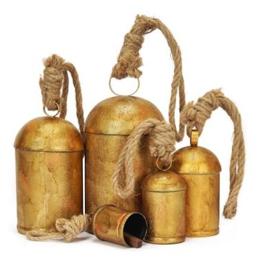 Imagem de Whololovein Pacote com 5 sinos de vaca de Natal rústicos de harmonia gigante, sinos grandes de metal com corda para pendurar na porta da guirlanda da lareira, escada, parede