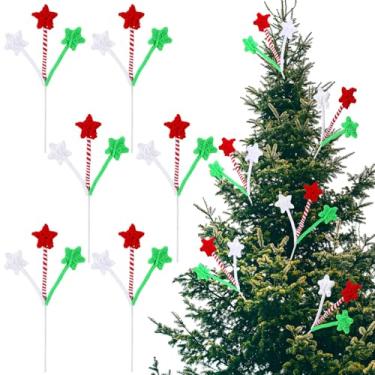 Imagem de Jetec 6 palhetas de topo de árvore de Natal com estrela, verde, vermelho, branco, 3 cabeças de lã, 36 cm, enfeites de galhos para decoração de árvore de Natal de pelúcia de 35 cm, ornamentos para