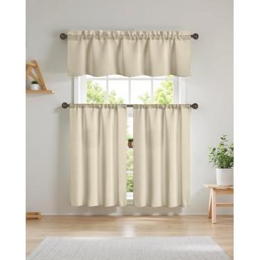 Imagem de Easy Home Conjunto de cortina blackout de cor sólida de 3 peças com camadas e bolso para varão de sanefa, camadas de cortina de privacidade térmica para cozinha, sala de estar, persianas de banheiro