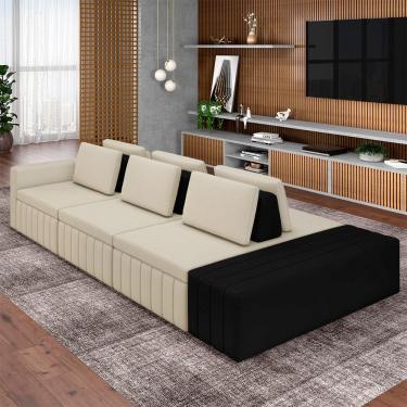 Imagem de Sofá Ilha com Encosto e Almofadas Móveis Olimpo 335cm Modulado Linho/PU Bege/Preto G45 - Gran Belo