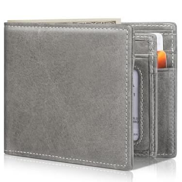 Imagem de Artpaxy Carteira masculina dobrável de couro legítimo com bloqueio RFID, Cinza, Retrô