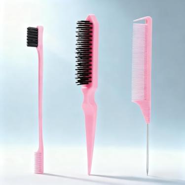 Imagem de Conjunto de 3 pincéis para pentear, escova de cabelo lisa para as costas com pente de cauda de rato, para criar coques elegantes, rabos de cavalo e bordas perfeitas, ferramentas profissionais para