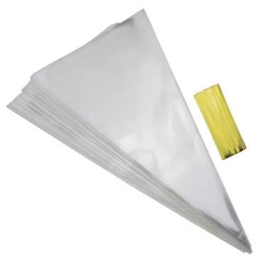 Imagem de LUORNG 200 unidades de sacos de celofane cônicos transparentes de tamanho médio para sobremesa de celofane cônico transparente com 100 laços torcidos para presentes de festa (gravatas douradas)
