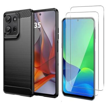 Imagem de MISIDE caso para Moto G75 5G caso, com Moto G75 5G protetor de tela. [3 em 1] Capa de fibra de carbono resistente a arranhões + protetor de tela de vidro temperado 9H (Preto)