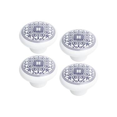 Imagem de Kit 4 Puxador Móvel Antigo Porcelana Gaveta 38mm De Armário (Branco/Azul - MPPON114)