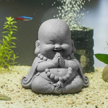 Imagem de LIYAOLI Estátua de Buda Bonita Riqueza Boa Sorte, Escultura de Monge Zen de Arenito para Decorações de Tanques de Peixes, Ornamento de Decoração de Aquário, Decoração Feng Shui para Escritório em Casa