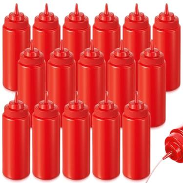 Imagem de Singhoow 16 garrafas de apertar de 946 ml, garrafas grandes de plástico de boca larga para molhos de condimentos, chocolate, ketchup, mostarda, churrasqueira, restaurante, (vermelho)