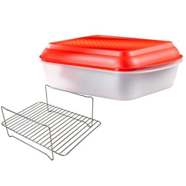 Imagem de Travessa de servir de peru para marinar com tampa | Assadeira de 4 3/4 QT com prateleira de elevação de aço inoxidável | Ideal para perus pequenos e frango com menos de 6,8 kg