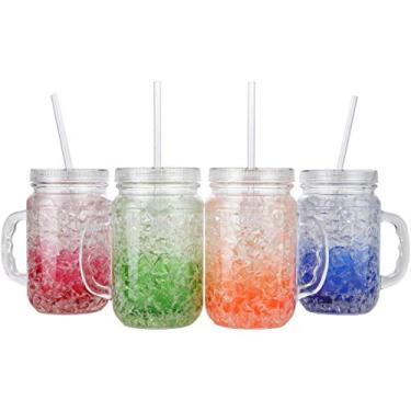 Imagem de Lily's Home Canecas de acrílico preenchidas com gel de parede dupla com tampas e canudos, ótimo como copos de bebida antigos em churrascos e festas, cores sortidas (530 ml cada, conjunto com 4)