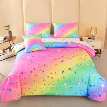 Imagem de ASKOTU Jogo de cama solteiro arco-íris para meninas, 6 peças, cama em um saco, conjunto de edredom com lençóis, edredom colorido gradiente arco-íris