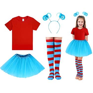 Imagem de Conjunto de acessórios de fantasia de tutu de tule, camiseta listrada até a coxa, saia tutu para fantasia de Halloween, vermelho e azul, idade 8-9