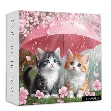 Imagem de Larkipuzz Cat 1000 Piece Puzzle for Adults, Cute Kitten Pink Floral Garden Jigsaw Puzzles, Rain Puzzle for Wall Art Decor