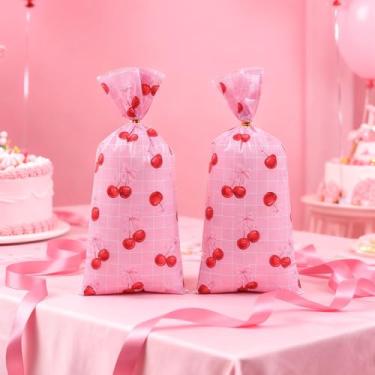 Imagem de 50 unidades de sacos de guloseimas de celofane de cerejas com laço rosa, sacos de plástico para doces com laços torcidos para aniversário, casamento, chá de bebê, biscoitos, lanches, suprimentos de