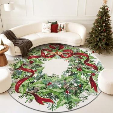 Imagem de U'Artlines Tapete redondo lavável de Natal de 1,8 m com folhas de sino, tapete de lavanderia, antiderrapante, tapete macio para entrada, sala de estar, quarto, branco