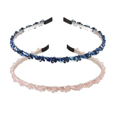 Imagem de YARN & INK 2 faixas de cabeça femininas de diamante de cristal fino, antiderrapante, moda fofa de metal com contas brilhantes acessórios de cabelo vintage para mulheres e meninas (azul royal, rosa)