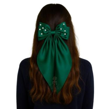 Imagem de Clipe de Cabelo Grande com Laço em Tecido Cetim Premium — Acessório Feminino Clássico e Sofisticado(Verde com Perolas)