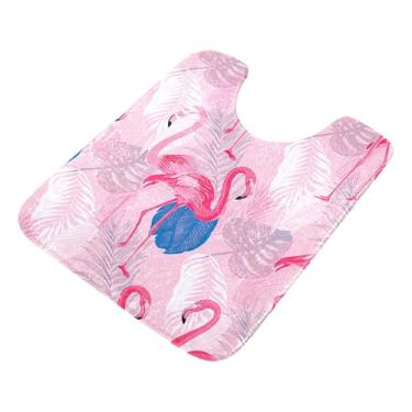 Imagem de Burbuja Flamingos Tapete de banheiro com folhas tropicais, tapete de banho absorvente de pelúcia macio, base antiderrapante para piso de banheiro, oval em forma de U