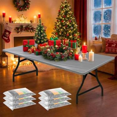 Imagem de Boao 6 peças de toalha de mesa de plástico descartável para festas de piquenique com elástico elástico de plástico retangular impermeável para ambientes internos, externos, piquenique, acampamento