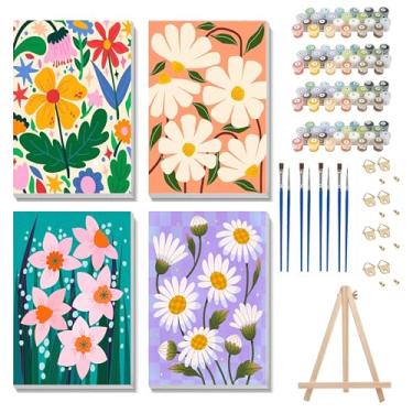 Imagem de Ycydilirab Pacote com 4 kit de pintura de flores por números para adultos com cavalete de madeira emoldurado - Pintura de flores para adultos por número, pintura por número, tela para adultos