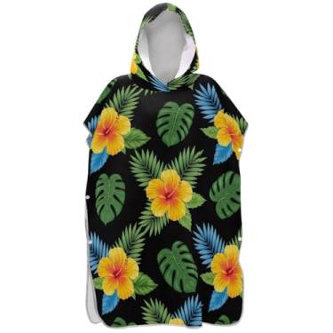 Imagem de Joisal Roupão Trocador de flores de hibisco com folhas tropicais para adultos, poncho de surfe, toalhas de banho de praia, com capuz, ponchos para adultos vestíveis para mulheres