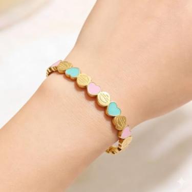 Imagem de Pulseiras de aço da sorte com chapeamento de ouro com coração de amor fofo, pulseiras de coração para mulheres, meninas, festas de casamento, berloques, joias, presentes, acessórios de moda, onesize
