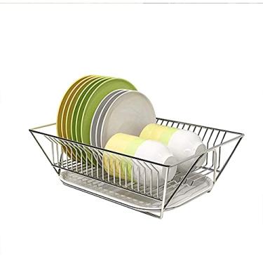 Imagem de Escorredor de pratos de aço inoxidável escorredor de pratos grande com bandeja coletora removível suporte de pratos para bancada de cozinha (cor: preto) (cor: preto) organizador de balcão (prata)