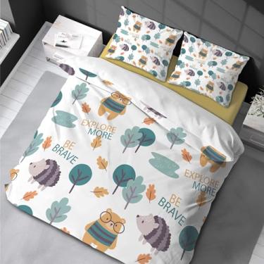 Imagem de Jogo de cama de 3 peças com árvore de ouriço urso tamanho solteiro aquarela conjunto de capa de edredom infantil fofo animal desenho animado capa de colcha 200 x 200 cm -80 x 80 cm * 2