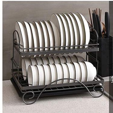 Imagem de Escorredor de pratos, escorredor de louça, organizador de 2 camadas, escorredor de prateleira de armazenamento para pratos, tigelas, utensílios, inclui bandejas de drenagem, suporte de escorredor de
