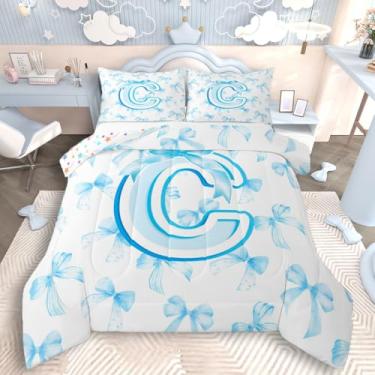 Imagem de jejeloiu Kawaii, conjunto de edredom com laço azul, letra C, para meninos e meninas, edredom fofo com nó de laço de coquete, personalizado, letra C, arte abstrata, monograma, 2 peças com 1 fronha