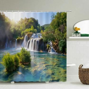 Imagem de Cortina de chuveiro impressa em 3D com cenário de floresta de cachoeira, tecido de poliéster, impermeável, com ganchos, cortina de banho 182 x 214 cm/LxA, resistente a mofo