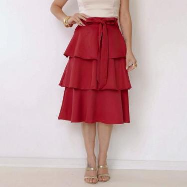 Imagem de Saia Feminina Três Maria Babado Midi Com Cinto Evangélica Cor:Vermelho