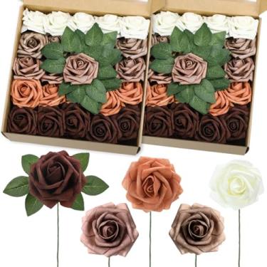 Imagem de Luinabio 50 buquês artificiais de flores de rosas de espuma artificial com folhas e caules para buquês de casamento faça-você-mesmo, decoração de casa para chá de noiva para dia dos namorados (tons de