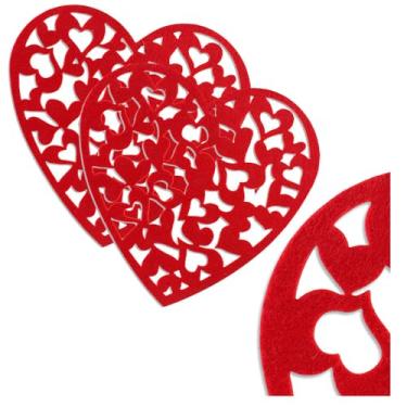 Imagem de Jogo americano de dia dos namorados, decoração de feltro para mesa interna, decoração de mesa com corações vermelhos de 35,5 cm - conjunto de 2 peças