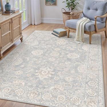 Imagem de WondRg Tapete lavável azul creme, 10 x 15 cm, para sala de estar, quarto, neutro, floral, macio, antiderrapante, tapete envelhecido, para sala de jantar, berçário, escritório, ambientes internos