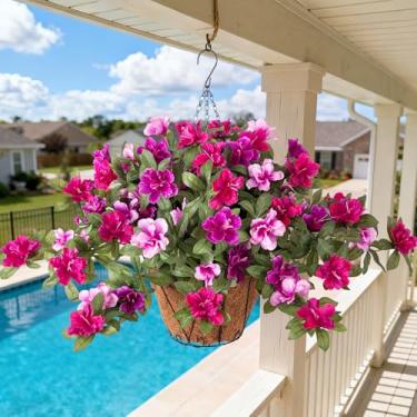 Imagem de Ammyoo Flores artificiais para pendurar ao ar livre, 3 peças de flores de seda falsa com cestos pendurados para primavera, verão, jardim, varanda, pátio, quintal, decoração externa