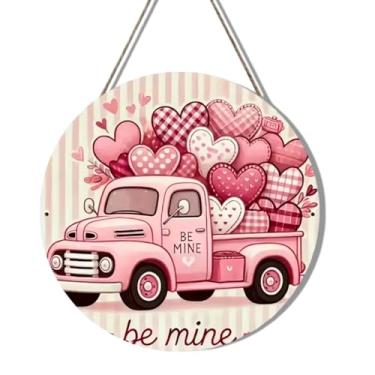 Imagem de 1 guirlanda de dia dos namorados para porta da frente, placa de madeira pendurada de 30 cm, bem-vindo com design de caminhão fofo, grinaldas românticas de alpendre de coração para férias, casa, parede